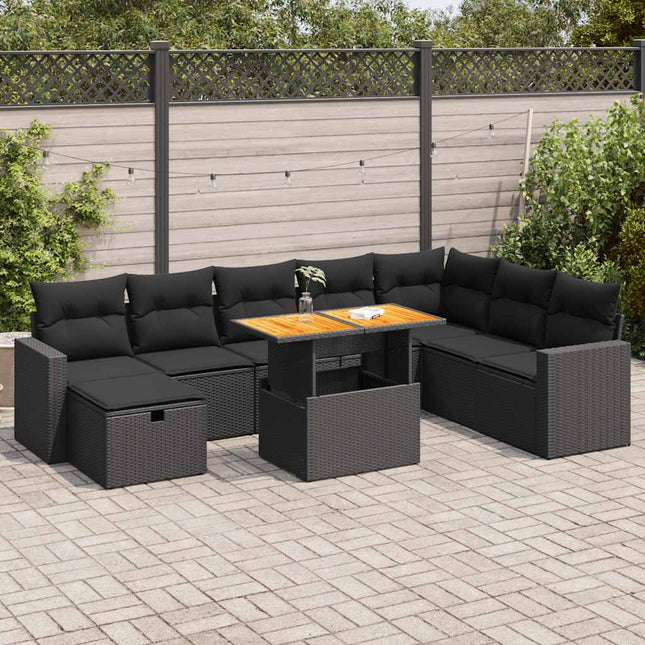 9-delige Loungeset met kussens poly rattan acacia zwart