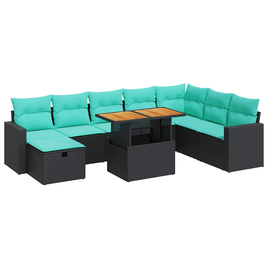9-delige Loungeset met kussens poly rattan acacia zwart