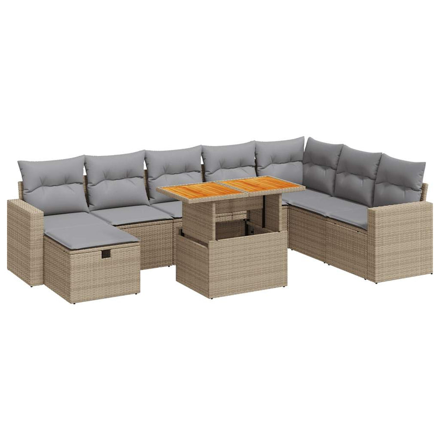 9-delige Loungeset met kussens poly rattan acacia beige
