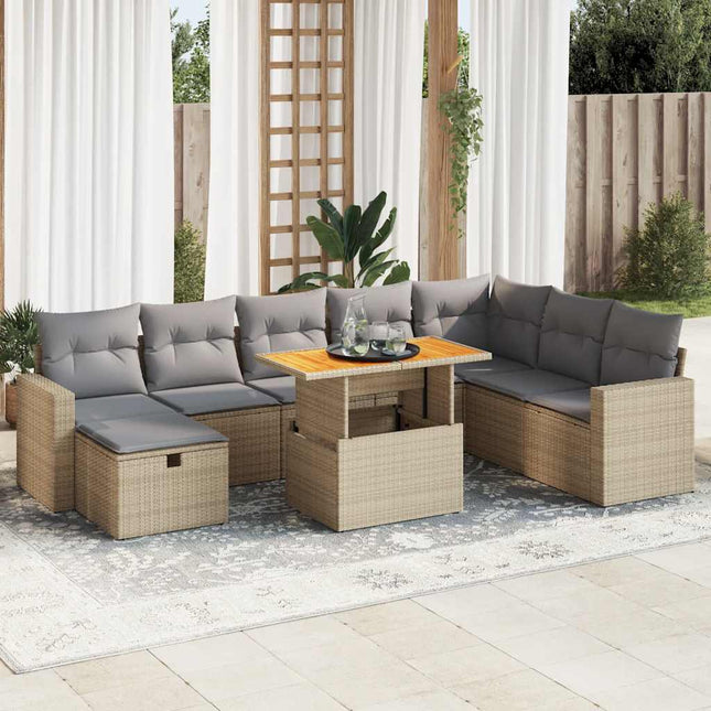 9-delige Loungeset met kussens poly rattan acacia beige