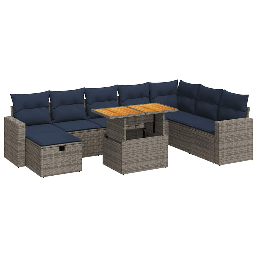 9-delige Loungeset met kussens poly rattan acacia grijs