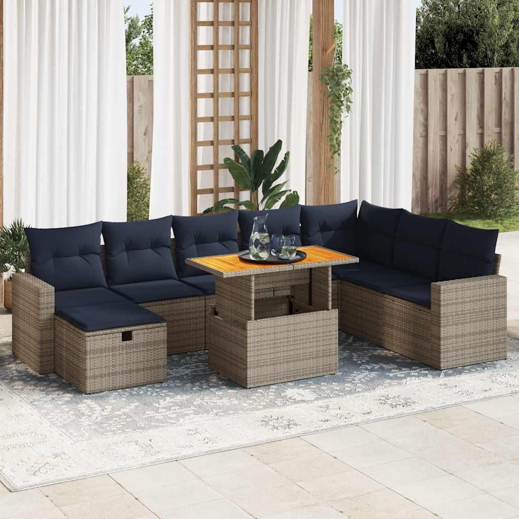 9-delige Loungeset met kussens poly rattan acacia grijs
