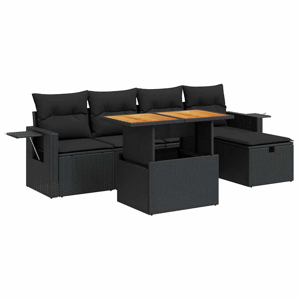 6-delige Loungeset met kussens poly rattan acacia zwart