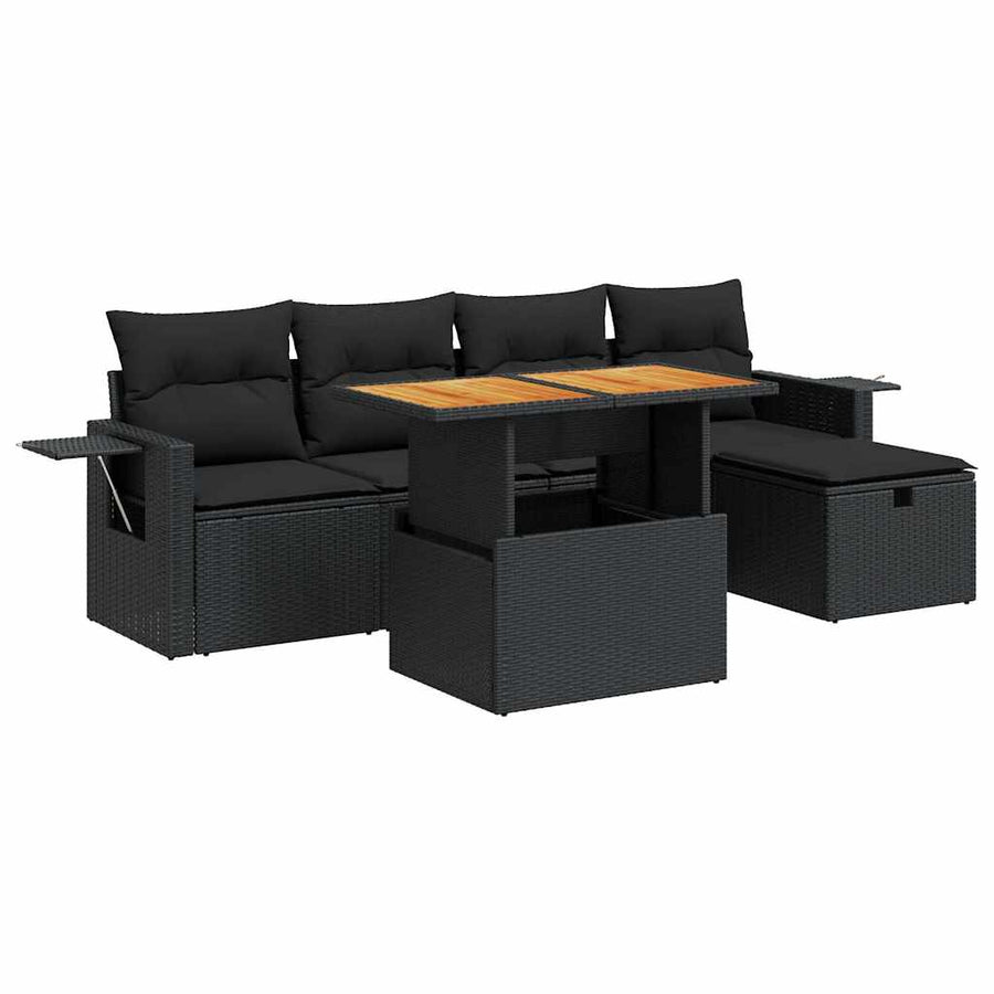 6-delige Loungeset met kussens poly rattan acacia zwart