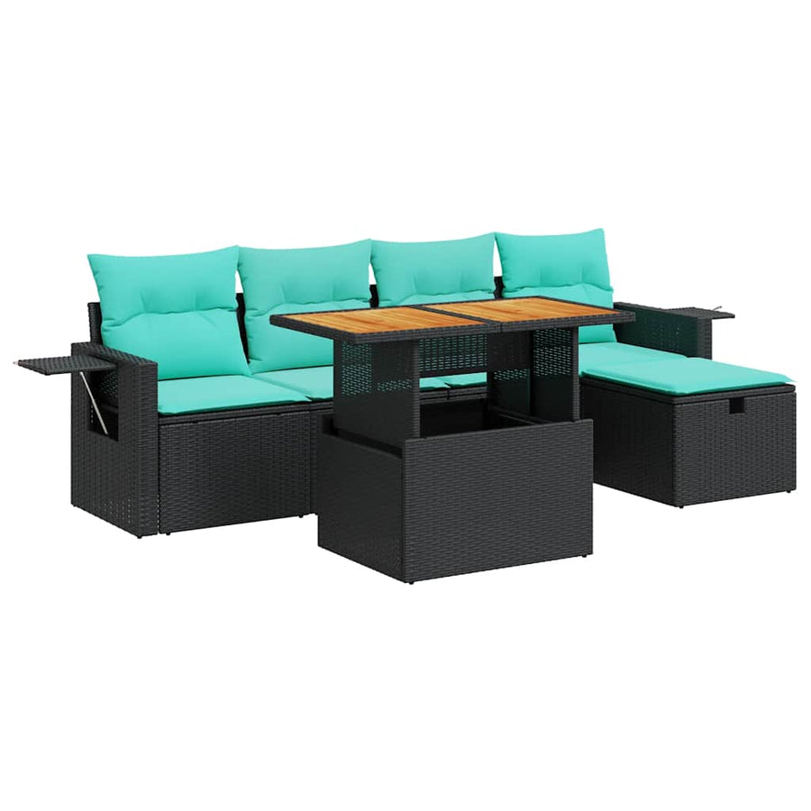 6-delige Loungeset met kussens poly rattan acacia zwart