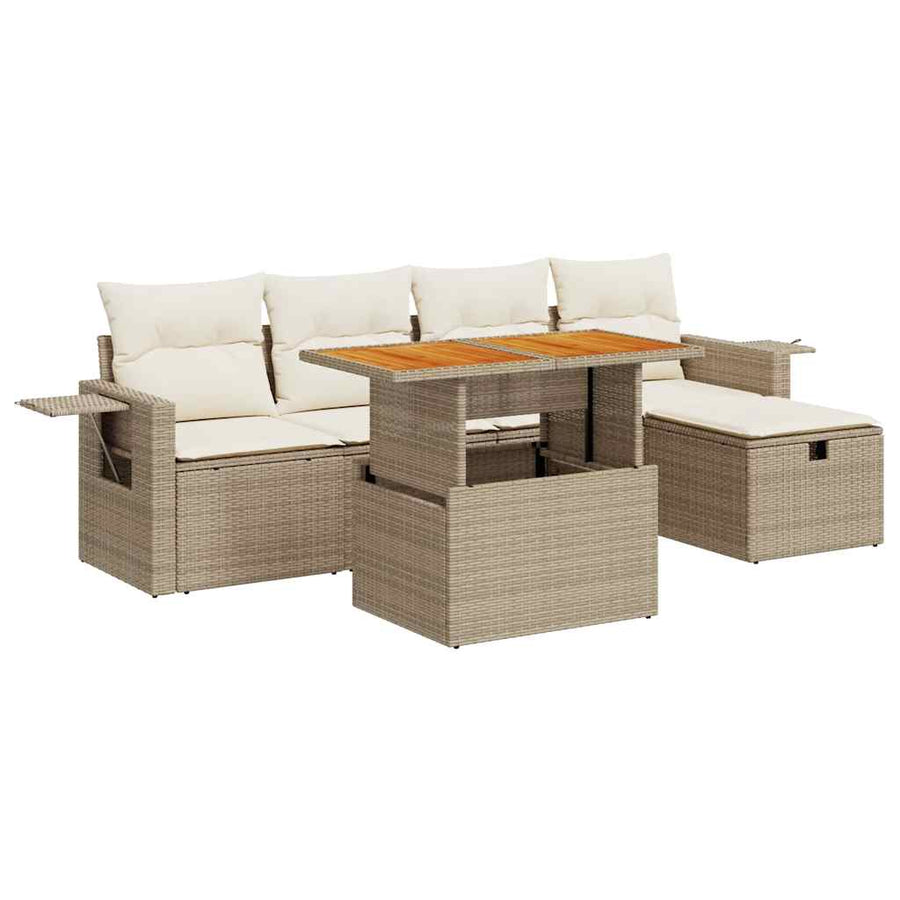 6-delige Loungeset met kussens poly rattan acacia beige