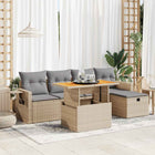 6-piece Lounge Set with cushions poly rattan acacia beige