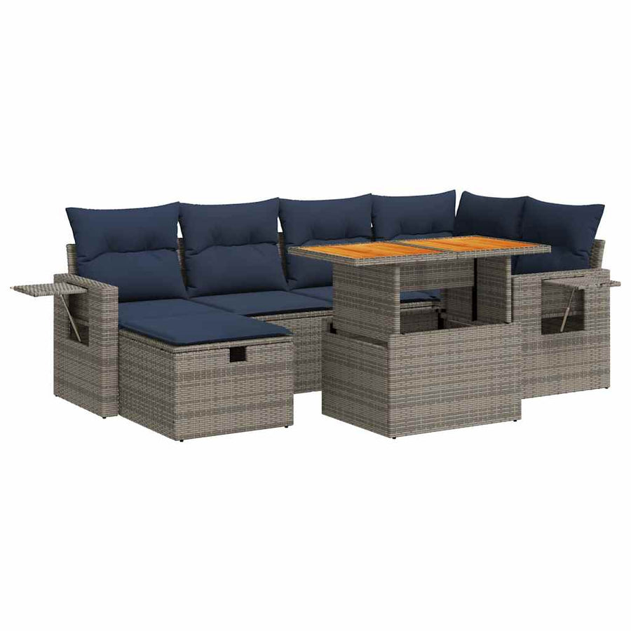 7-delige Loungeset met kussens poly rattan acacia zwart