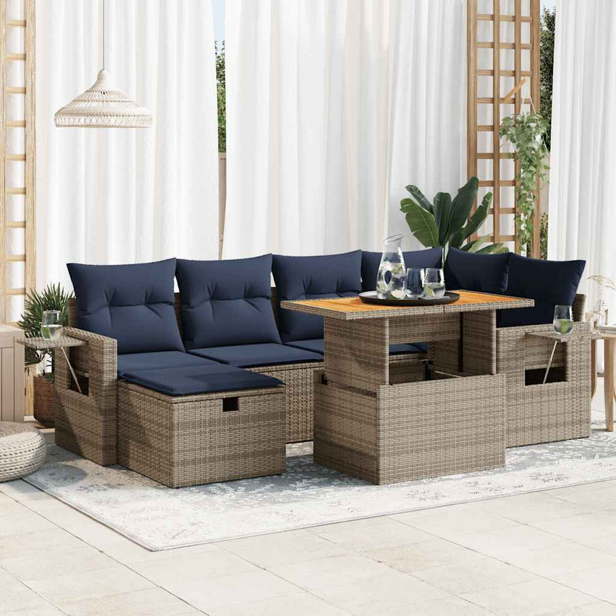 7-delige Loungeset met kussens poly rattan acacia zwart