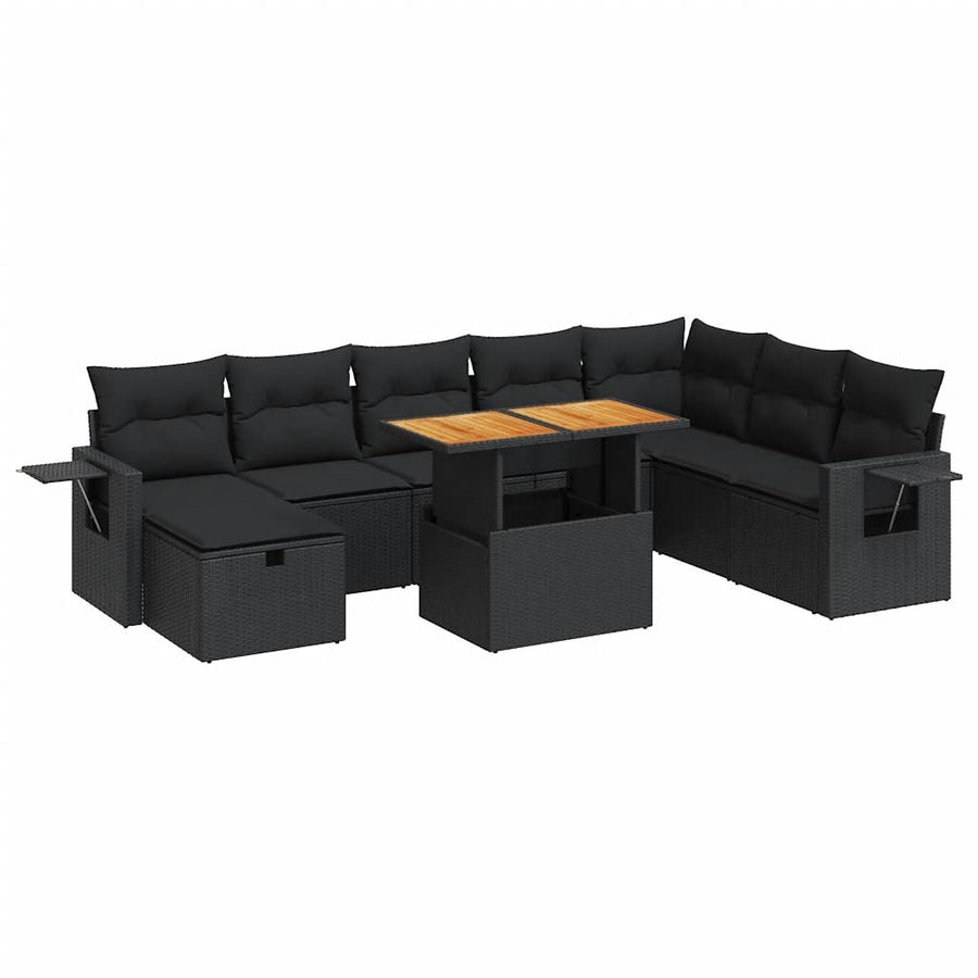 9-delige Loungeset met kussens poly rattan acacia zwart