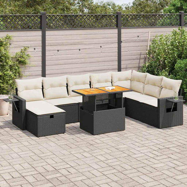 9-delige Loungeset met kussens poly rattan acacia zwart