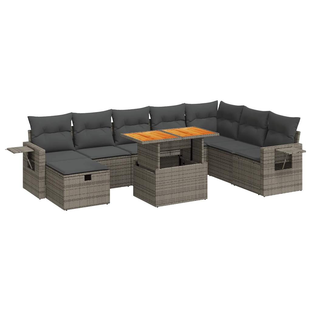 9-delige Loungeset met kussens poly rattan acacia grijs