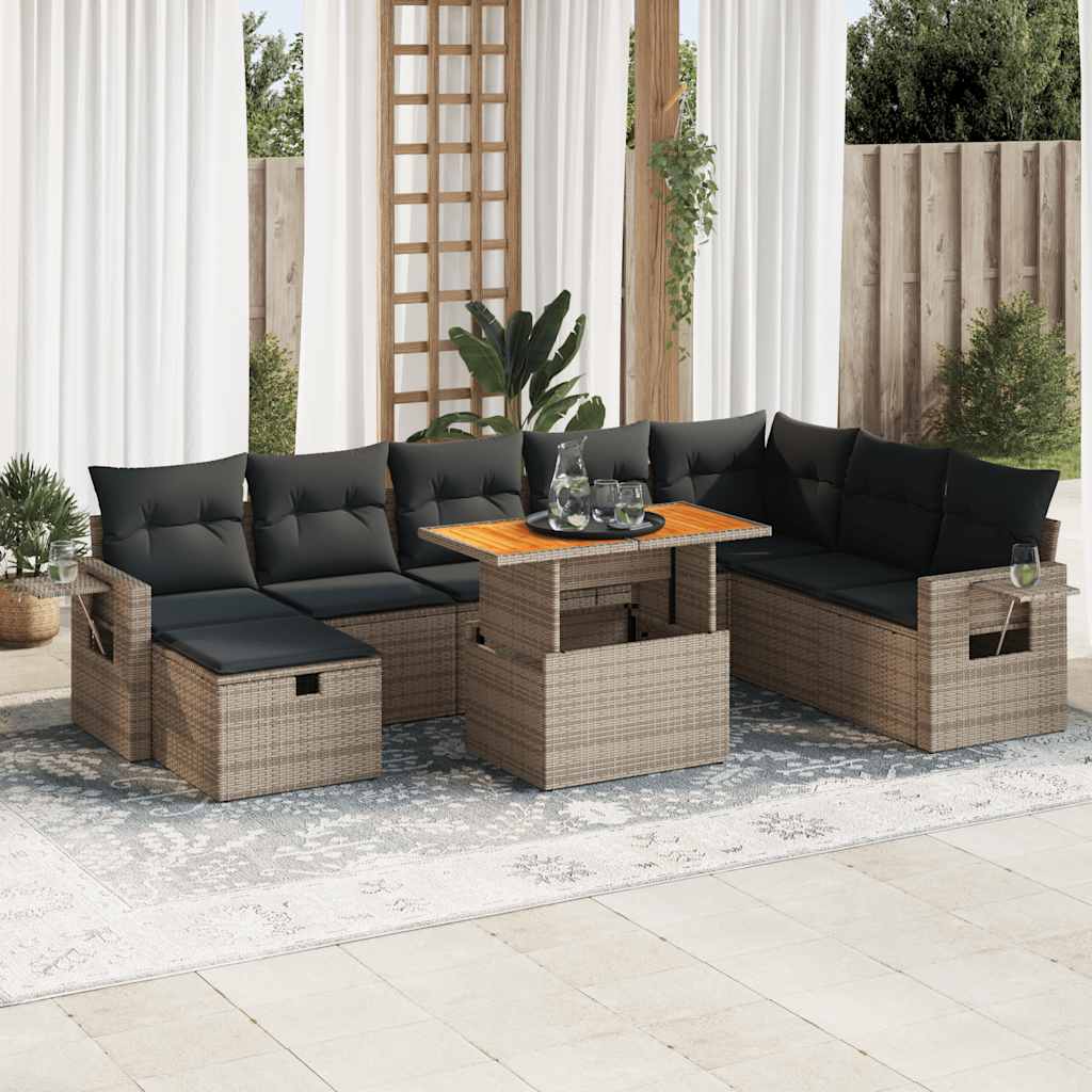 9-delige Loungeset met kussens poly rattan acacia grijs