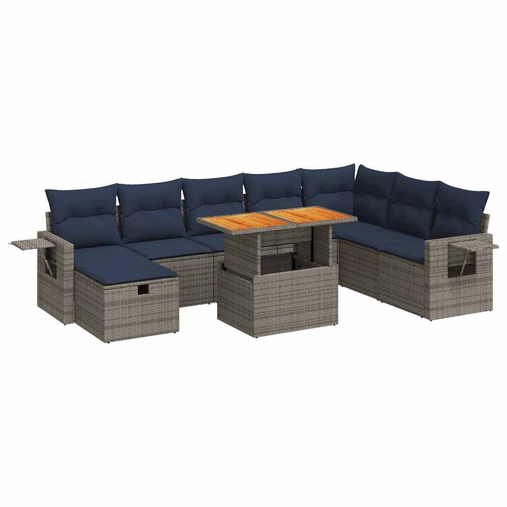 9-delige Loungeset met kussens poly rattan acacia grijs