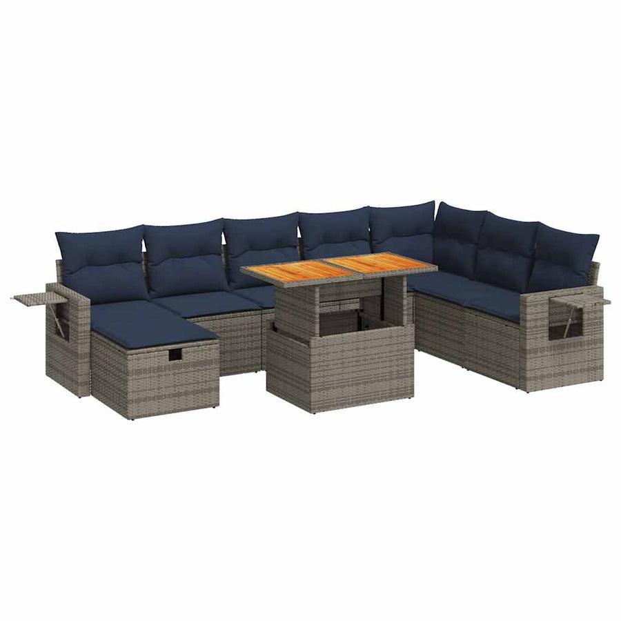 9-delige Loungeset met kussens poly rattan acacia grijs