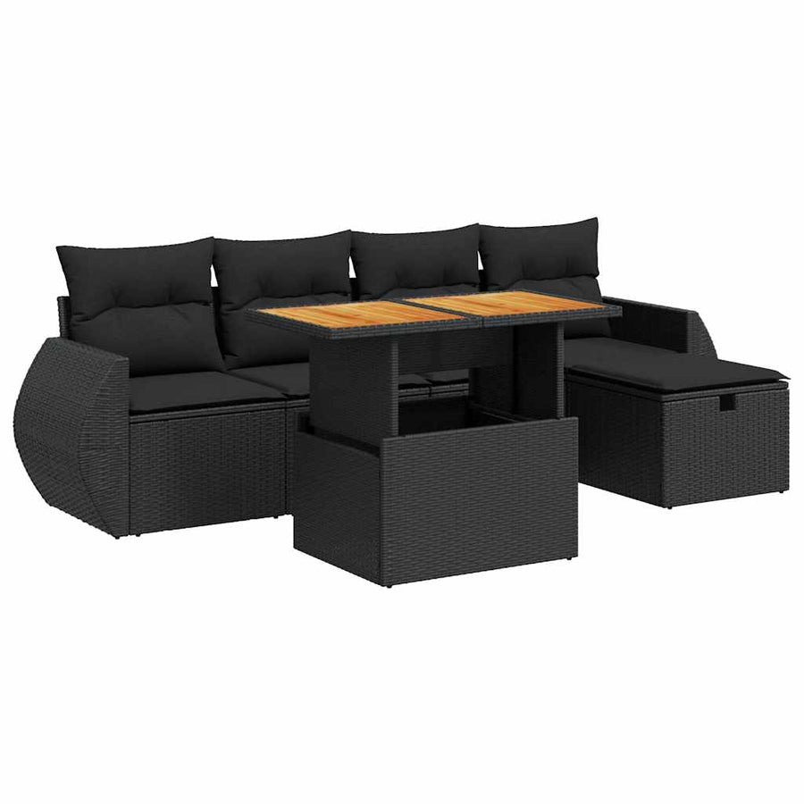 6-delige Loungeset met kussens poly rattan acacia zwart