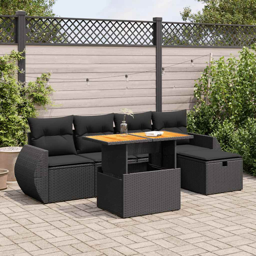 6-delige Loungeset met kussens poly rattan acacia zwart