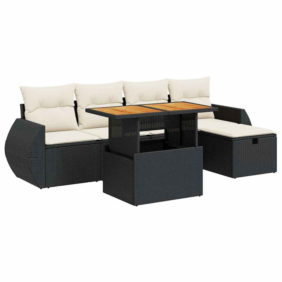 6-delige Loungeset met kussens poly rattan acacia zwart