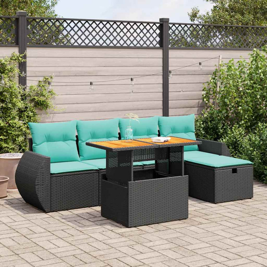 6-delige Loungeset met kussens poly rattan acacia bruin