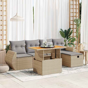 6-piece Lounge Set with cushions poly rattan acacia beige