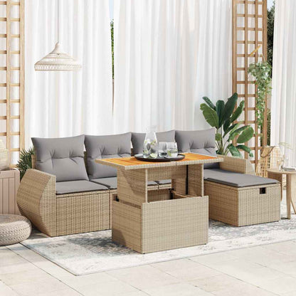 6-delige Loungeset met kussens poly rattan acacia beige