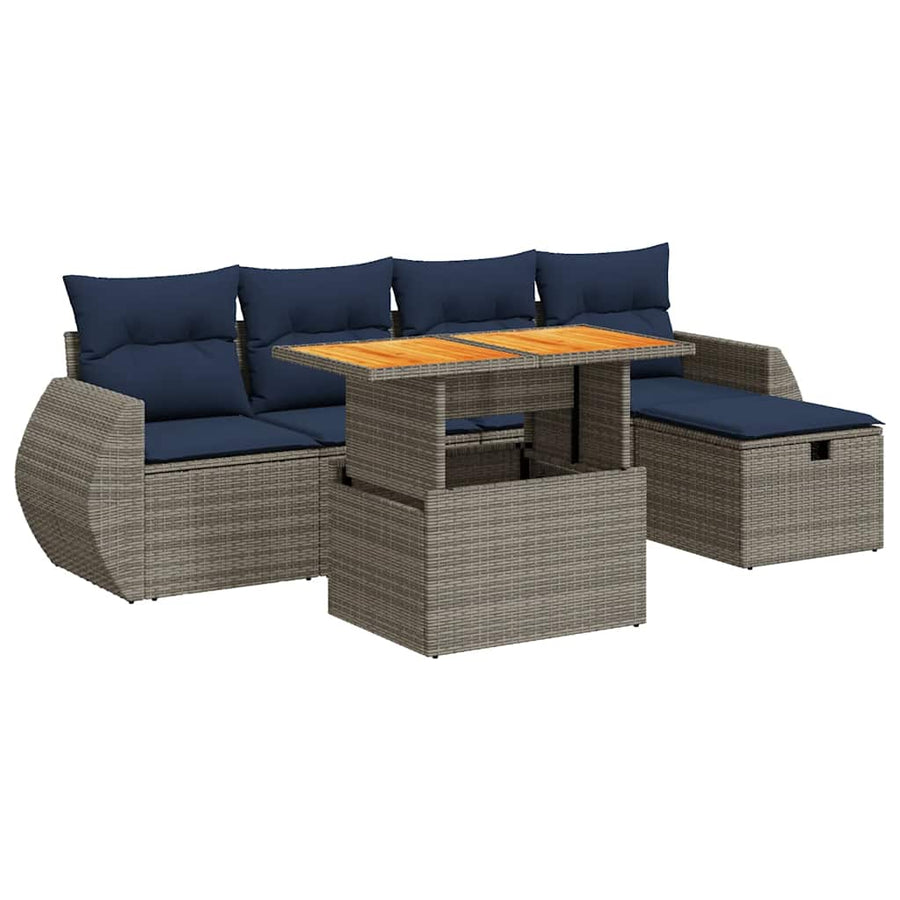 6-delige Loungeset met kussens poly rattan acacia zwart