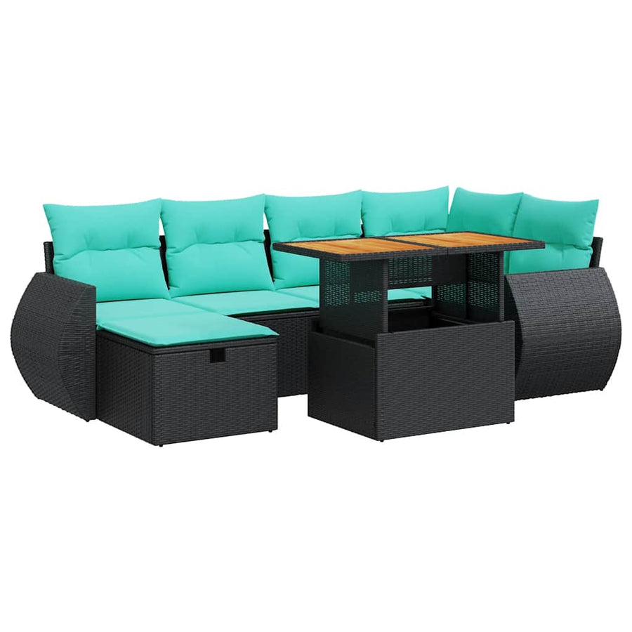 7-delige Loungeset met kussens poly rattan acacia grijs