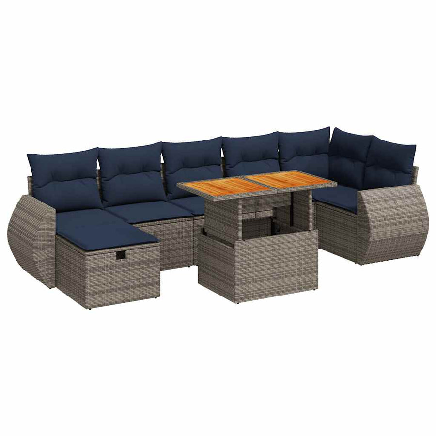 8-delige Loungeset met kussens poly rattan acacia grijs