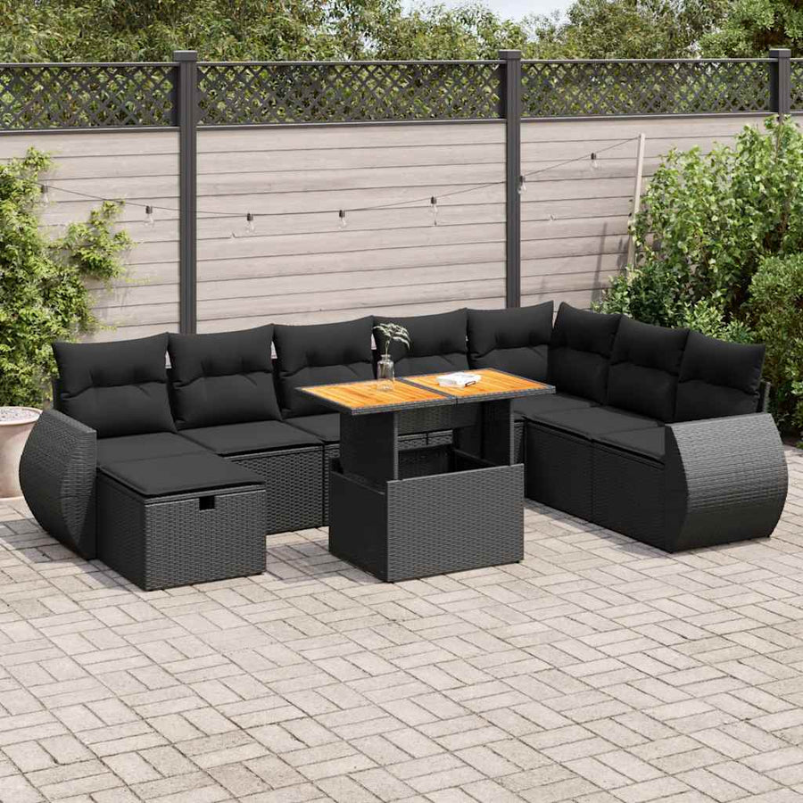 9-delige Loungeset met kussens poly rattan acacia zwart