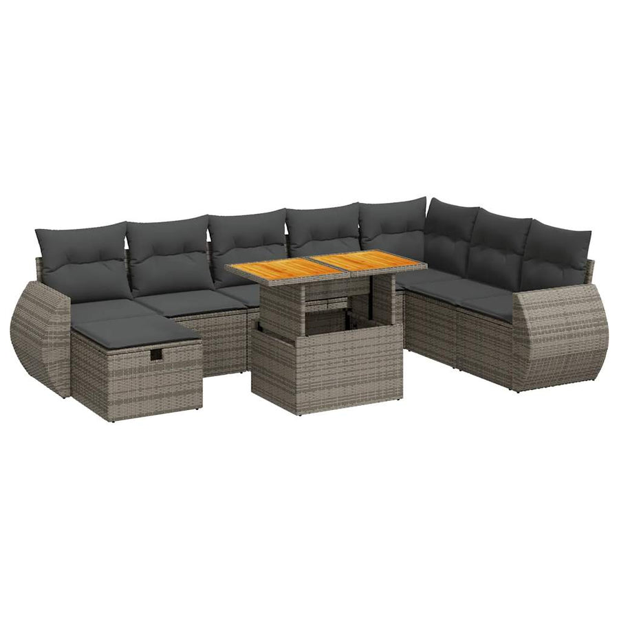 9-delige Loungeset met kussens poly rattan acacia grijs