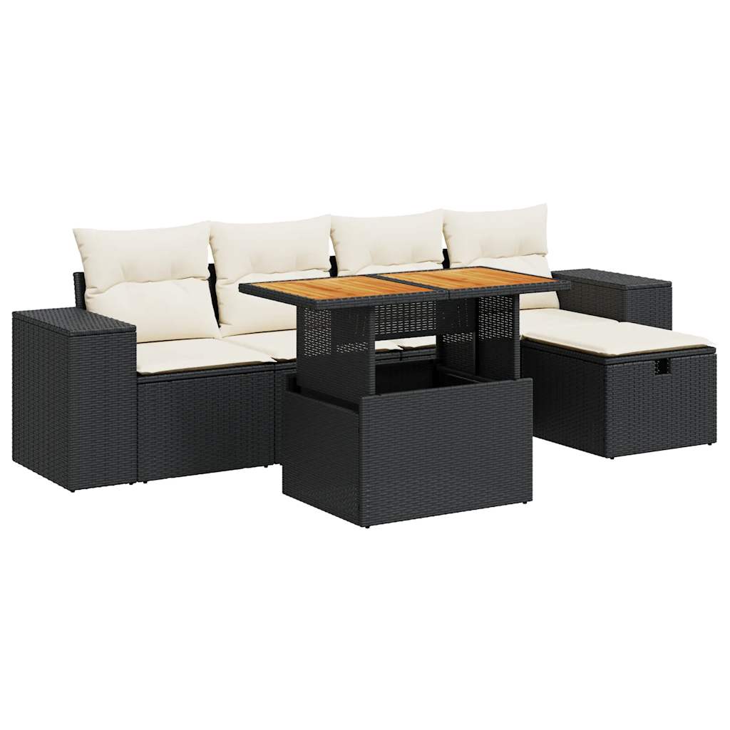 6-delige Loungeset met kussens poly rattan acacia zwart