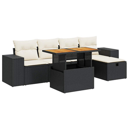 6-delige Loungeset met kussens poly rattan acacia zwart