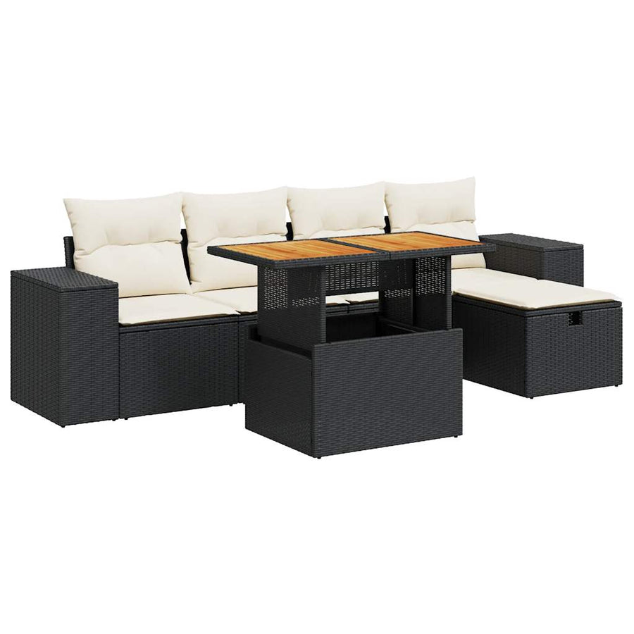 6-delige Loungeset met kussens poly rattan acacia zwart