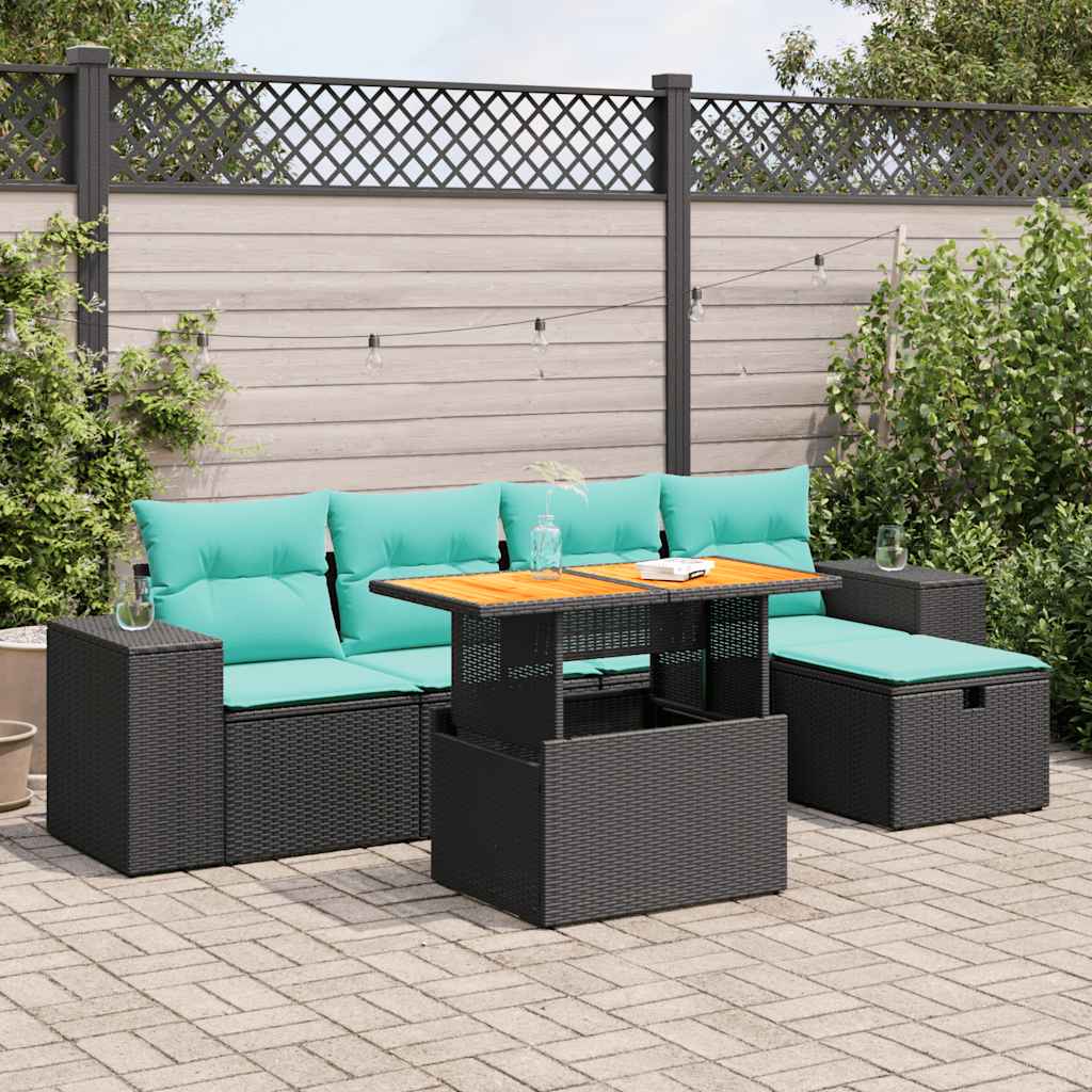 6-delige Loungeset met kussens poly rattan acacia bruin