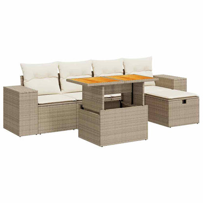 6-delige Loungeset met kussens poly rattan acacia beige