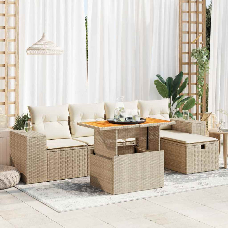 6-delige Loungeset met kussens poly rattan acacia beige