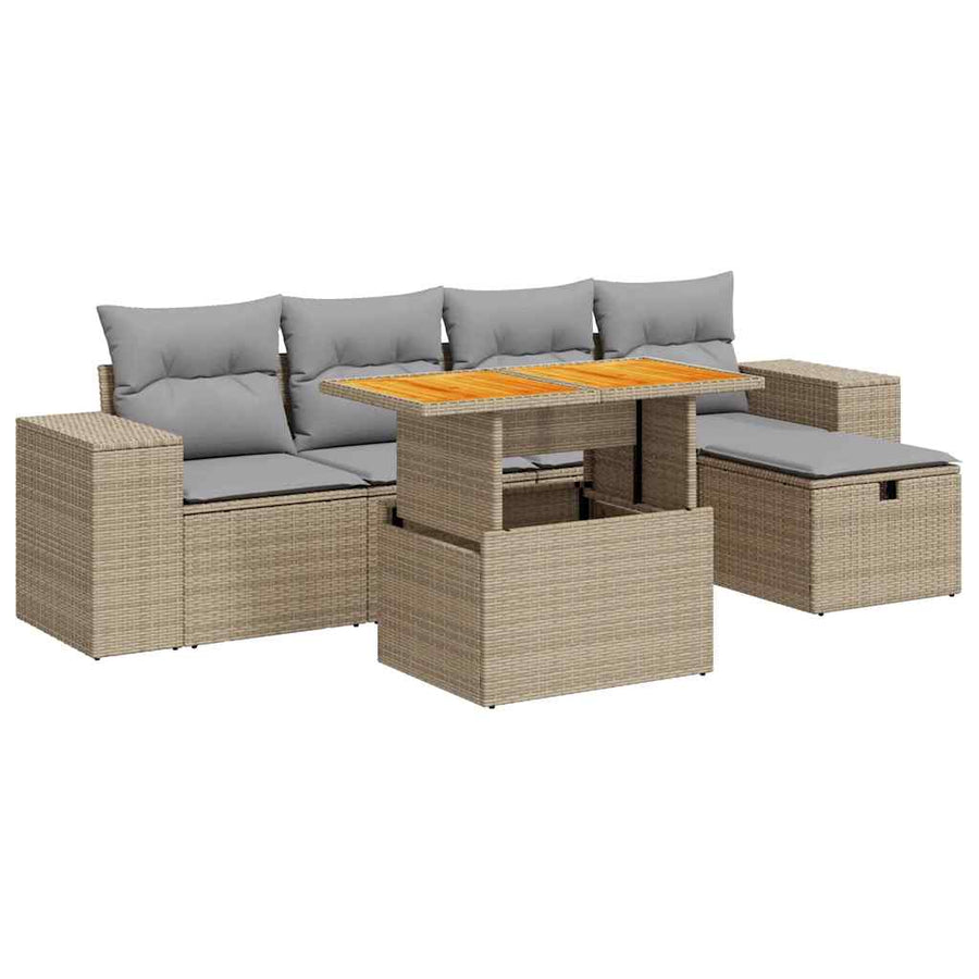 6-delige Loungeset met kussens poly rattan acacia beige