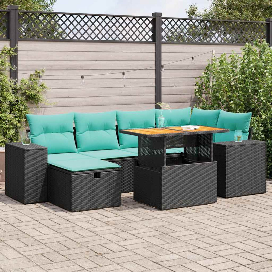 7-delige Loungeset met kussens poly rattan acacia grijs