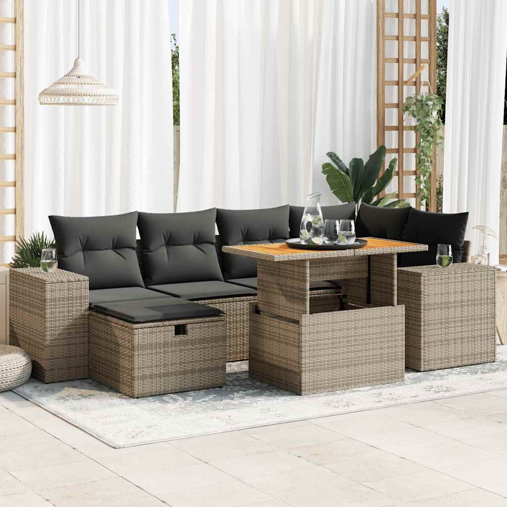 8-delige Loungeset met kussens poly rattan acacia grijs