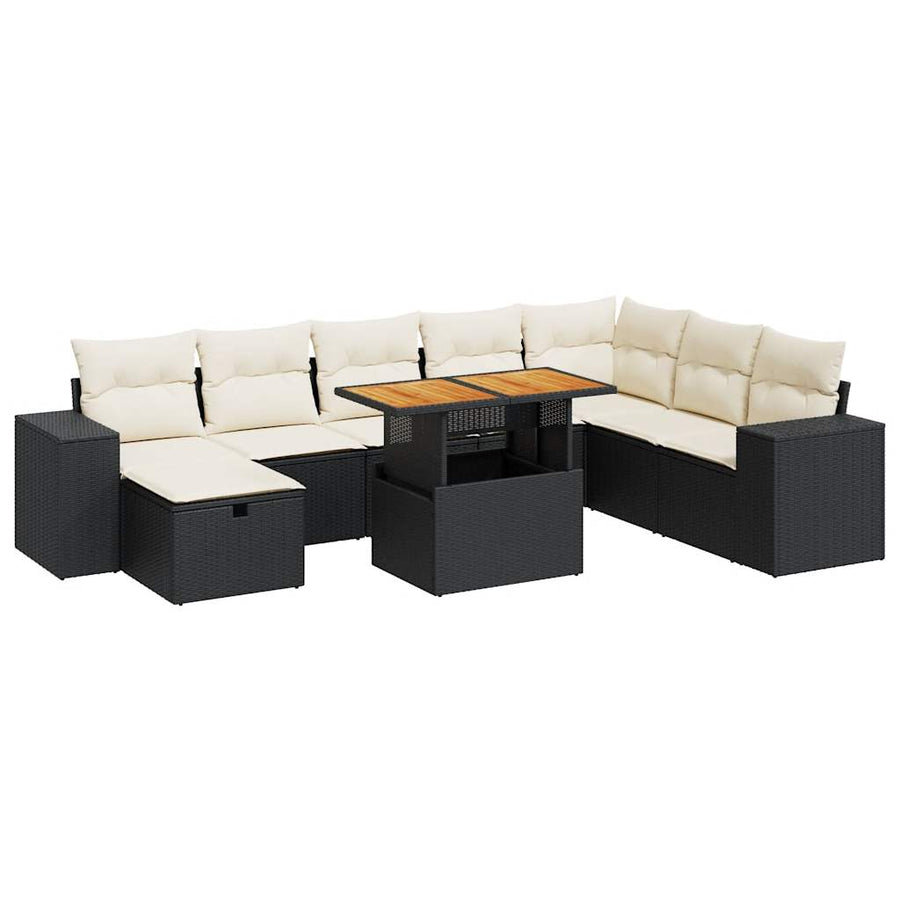 9-delige Loungeset met kussens poly rattan acacia zwart