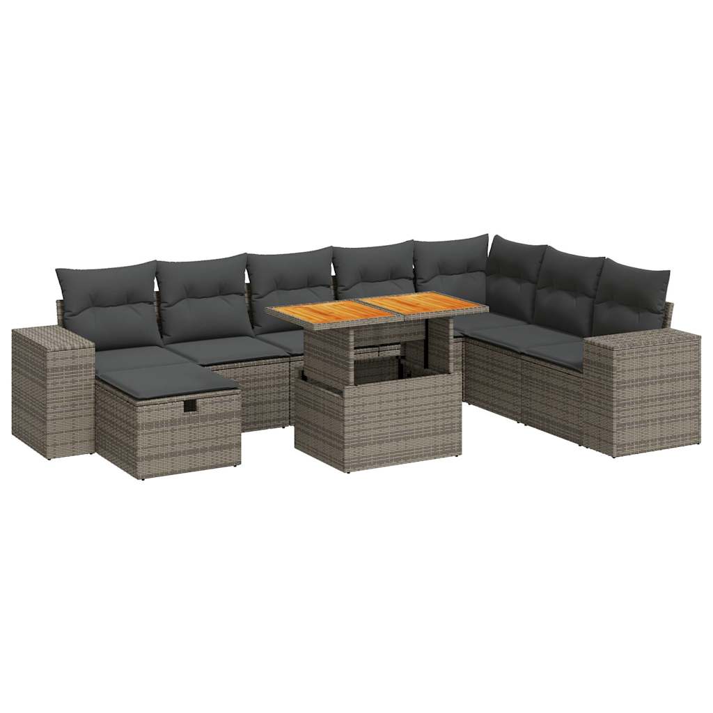9-delige Loungeset met kussens poly rattan acacia grijs