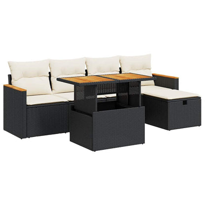 6-delige Loungeset met kussens poly rattan zwart