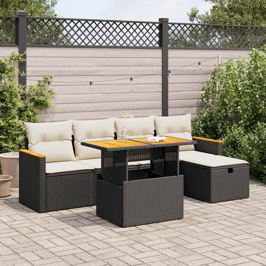 6-delige Loungeset met kussens poly rattan zwart