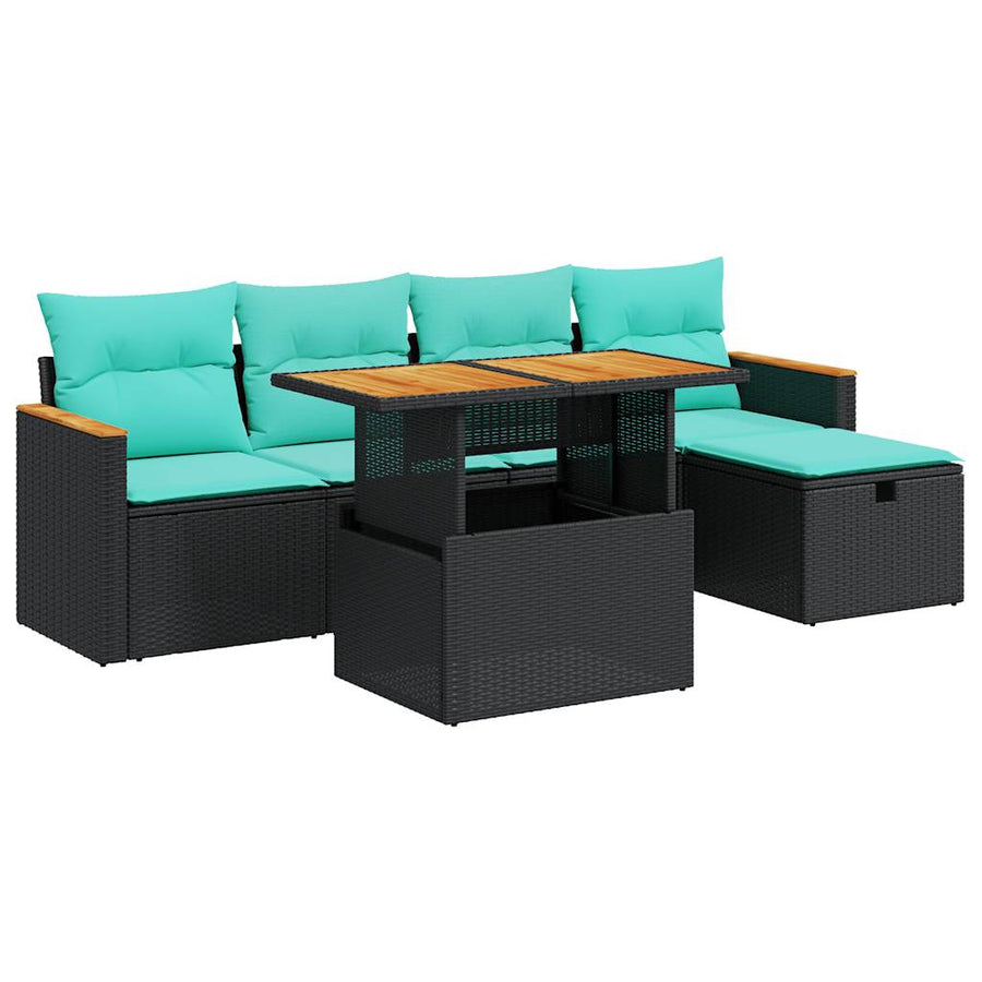 6-delige Loungeset met kussens poly rattan acacia zwart