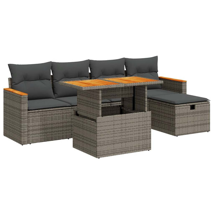 6-delige Loungeset met kussens poly rattan grijs