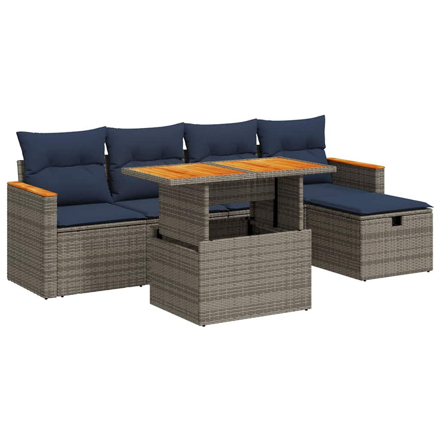6-delige Loungeset met kussens poly rattan acacia grijs
