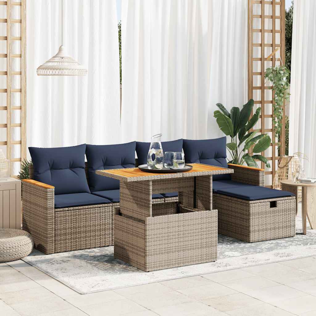 6-delige Loungeset met kussens poly rattan acacia grijs