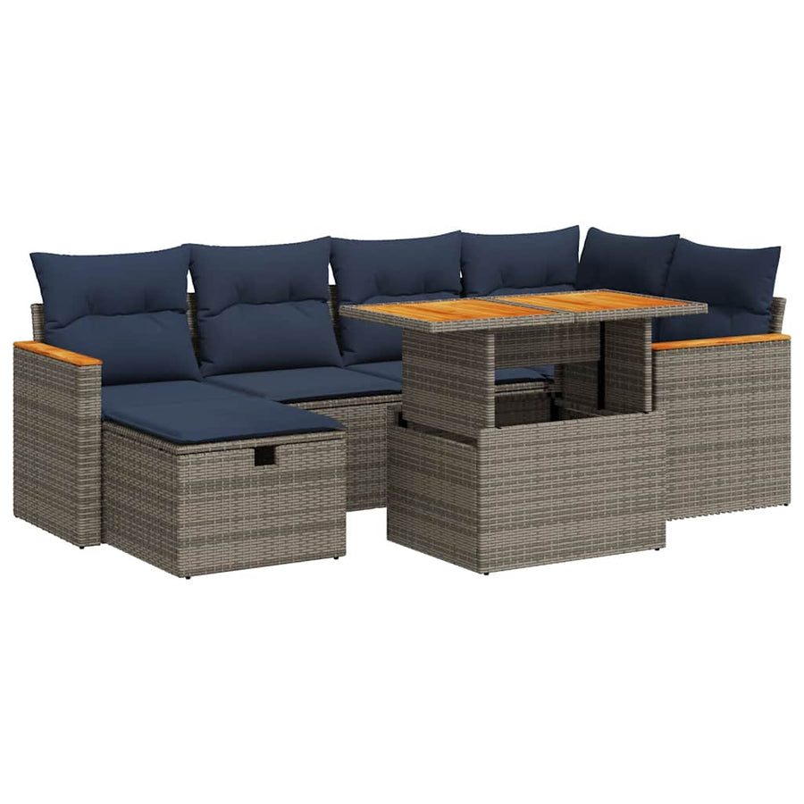 7-delige Loungeset met kussens poly rattan acacia zwart
