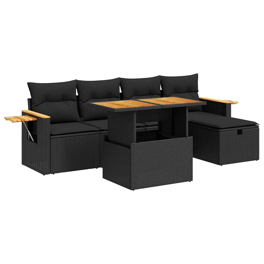 6-delige Loungeset met kussens poly rattan zwart