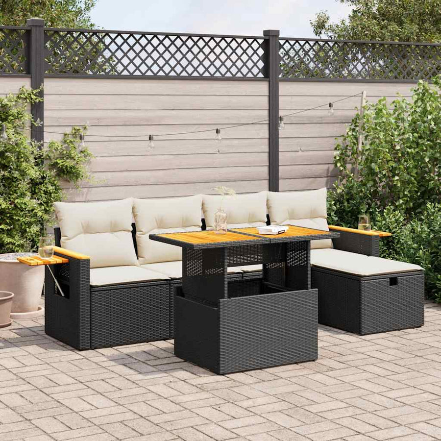 6-delige Loungeset met kussens poly rattan zwart